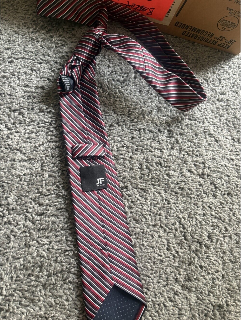 JF J.Ferrar Mens Necktie Red Black White Striped Slim Dress Tie